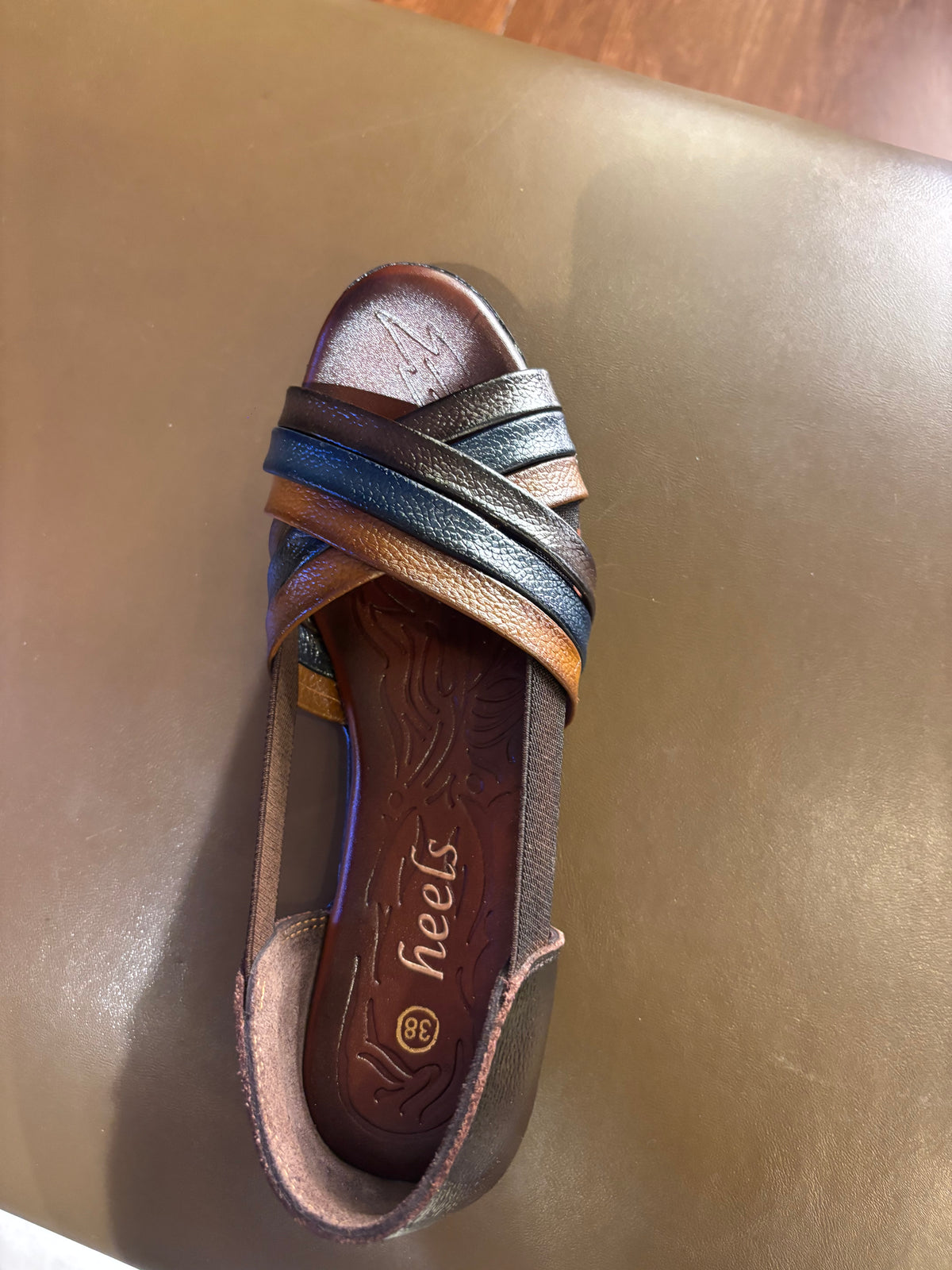 Georgia Rainbow Leather Crisscross Sandals in Brown - The Heels India
