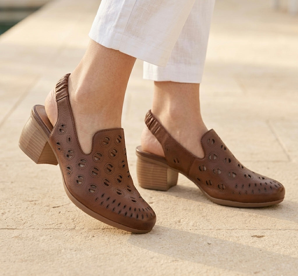 Sakina Premium Leather Perforated Slingback Summer Sandals - The Heels India