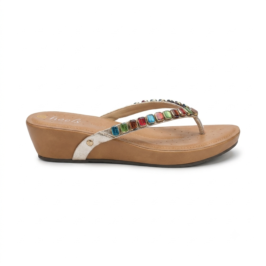 Julia Cushioned Beads V Strap Wedge Slippers