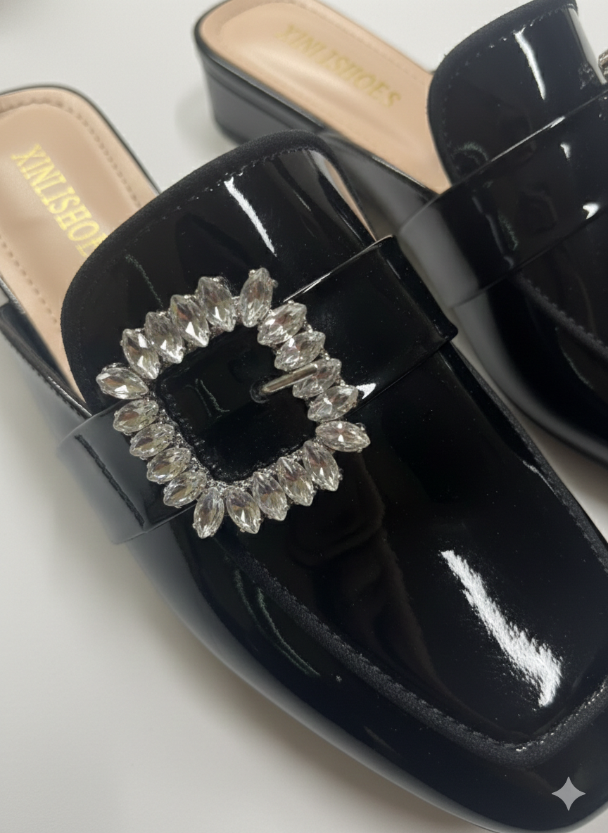 Luna Premium Patent Back Open Block Heel Mules - The Heels India