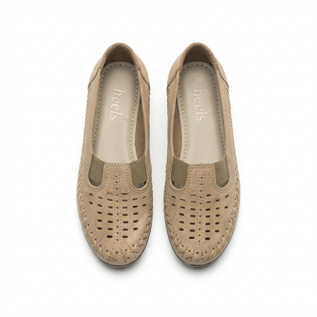 Paulina Nubuk Perforated Leather Ballerinas in Chikoo - The Heels India