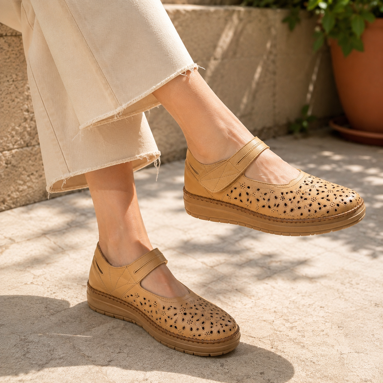 Crimson Leather Velcro Strap Perforated Cushioned Loafers