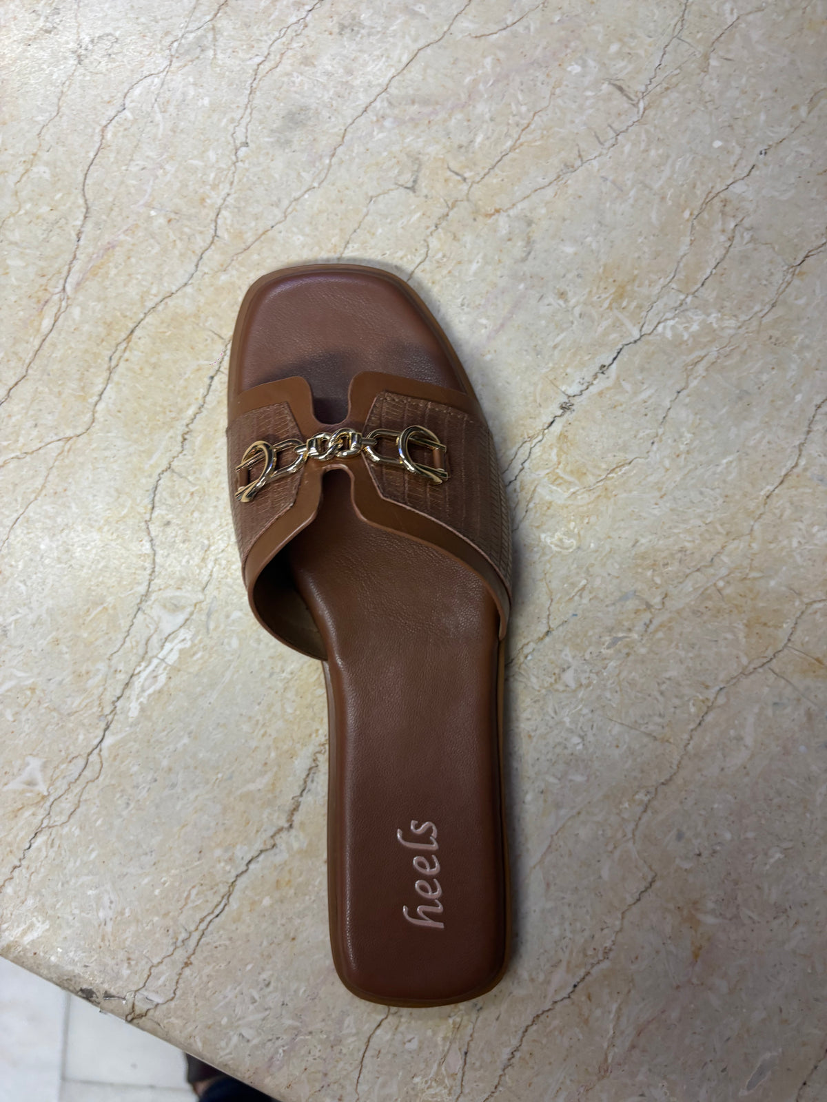 Julia Croco Chain Flat Summer Sliders in Tan - The Heels India