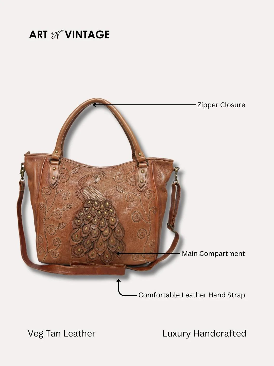 Genuine Cognac Leather Tote Bag with Patch Work