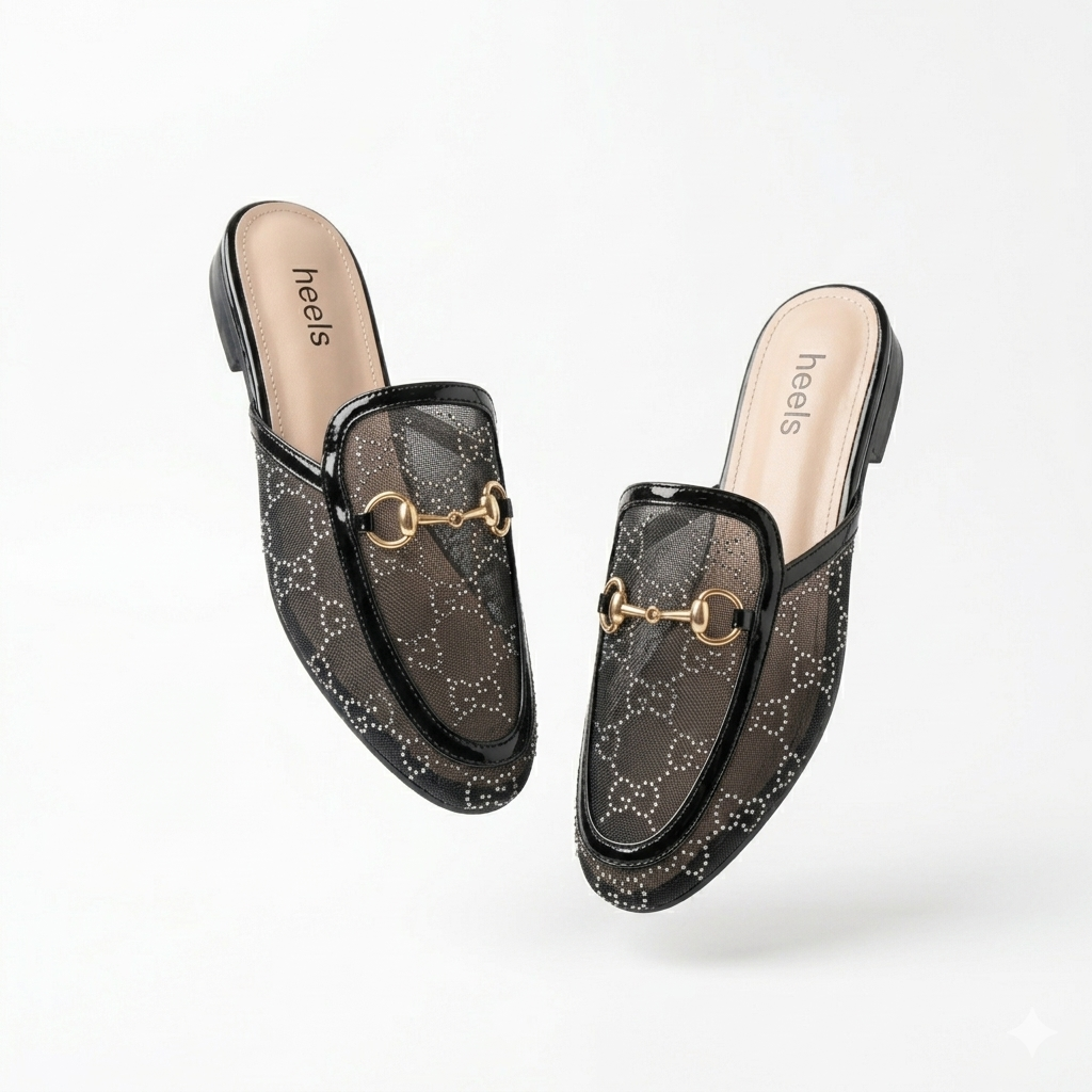 Leto Cushioned Back Open Bling Mesh Mules - The Heels India