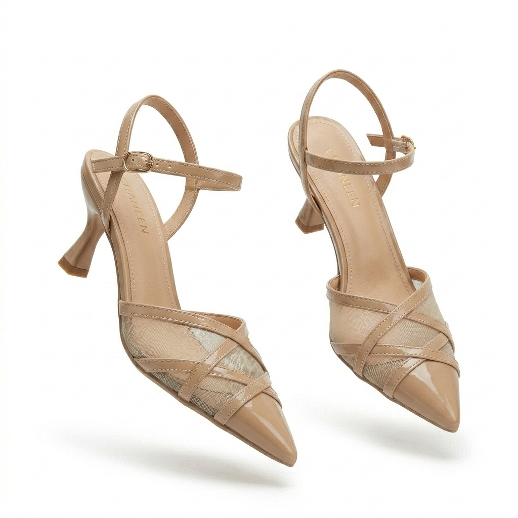 Emrata Criss Cross Mesh Patent Kitten Heels - The Heels India