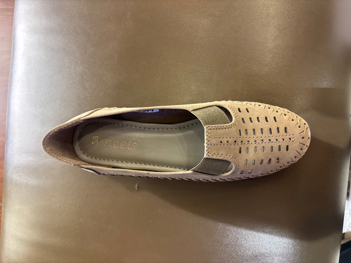 Paulina Nubuk Perforated Leather Ballerinas in Chikoo - The Heels India