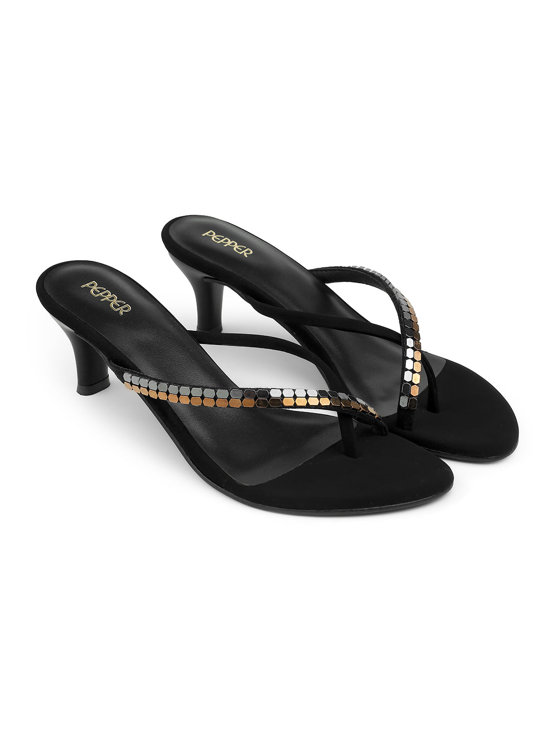 Felipe Metallic V Strap Kitten Heels - The Heels India