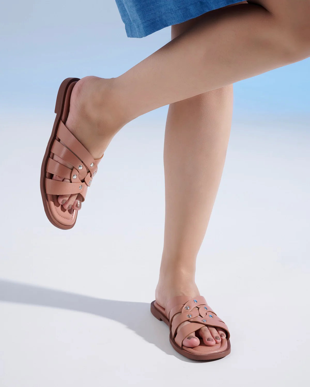 IVY Premium Leather Cushioned Flat Summer Stud Sliders - The Heels India