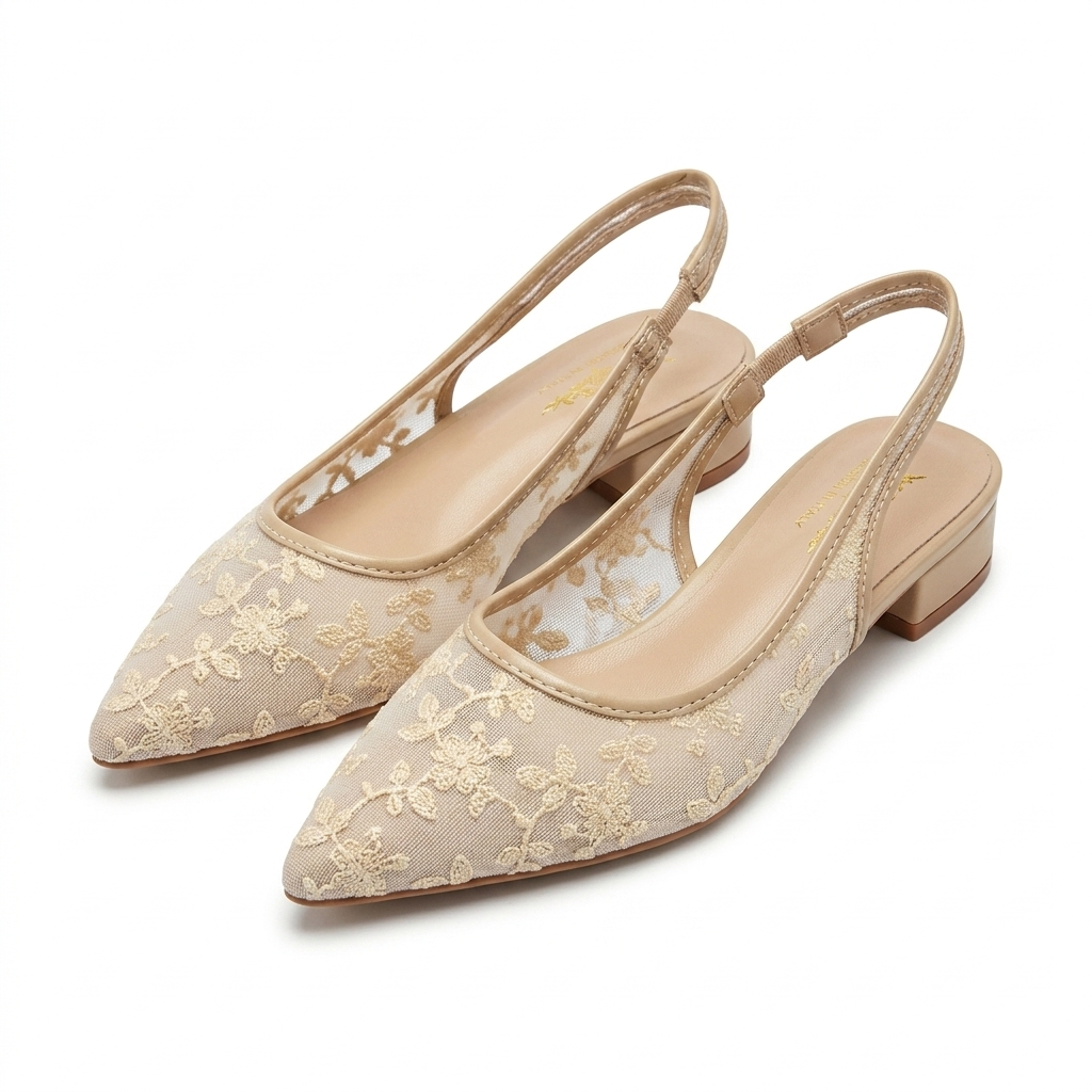 Carla Mesh Hand Embroidered Sling Back Pointed Ballerinas