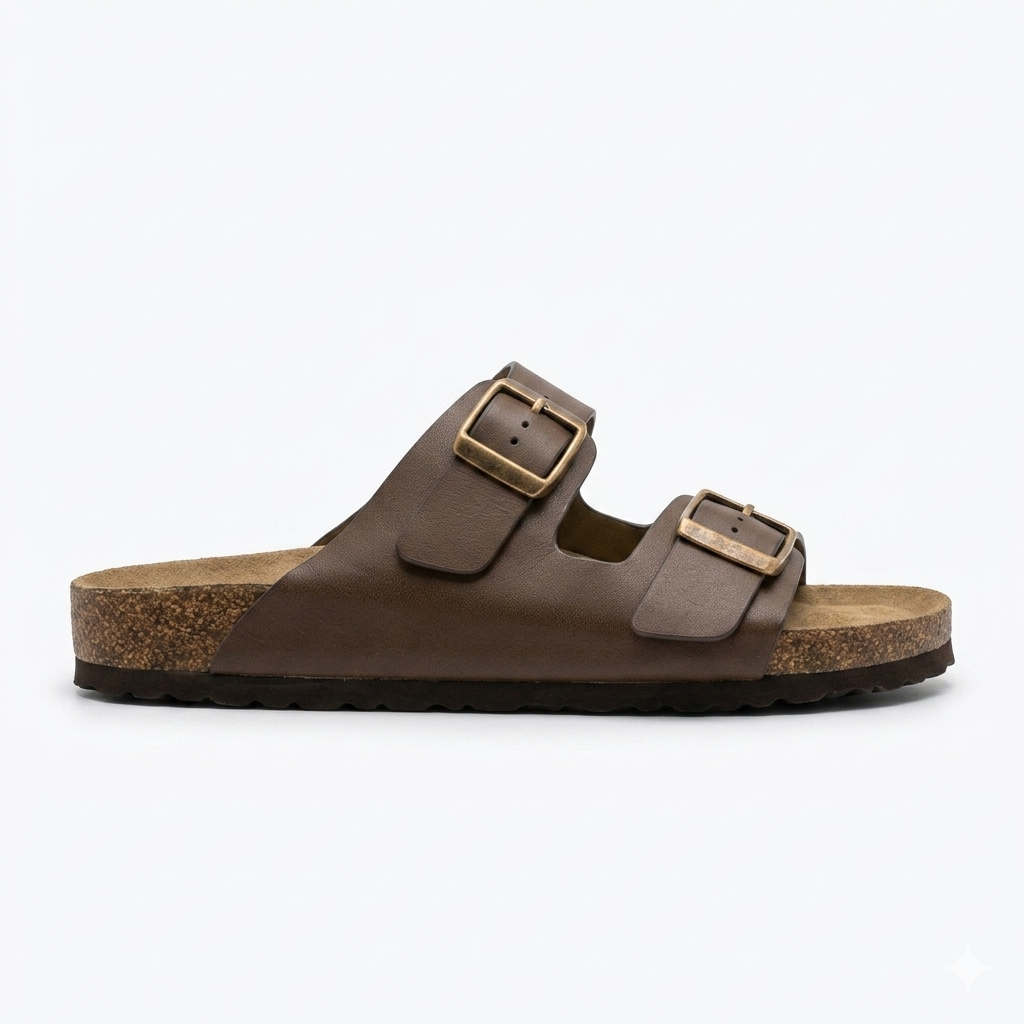 Moda Premium Coffee Brown Leather Double Strap Cork Sliders for Men - Front View