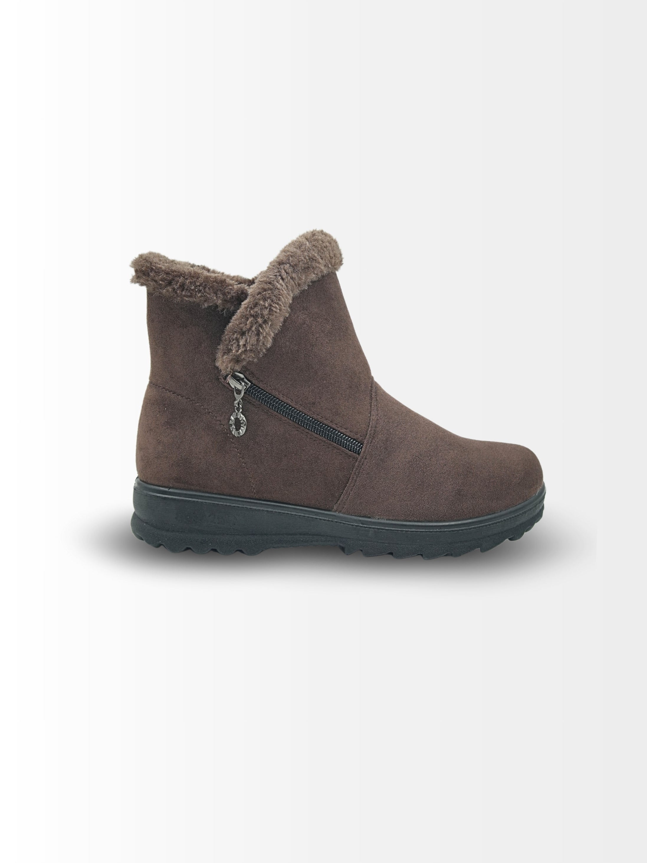 Brown ankle boot with fur trim on a light gray background