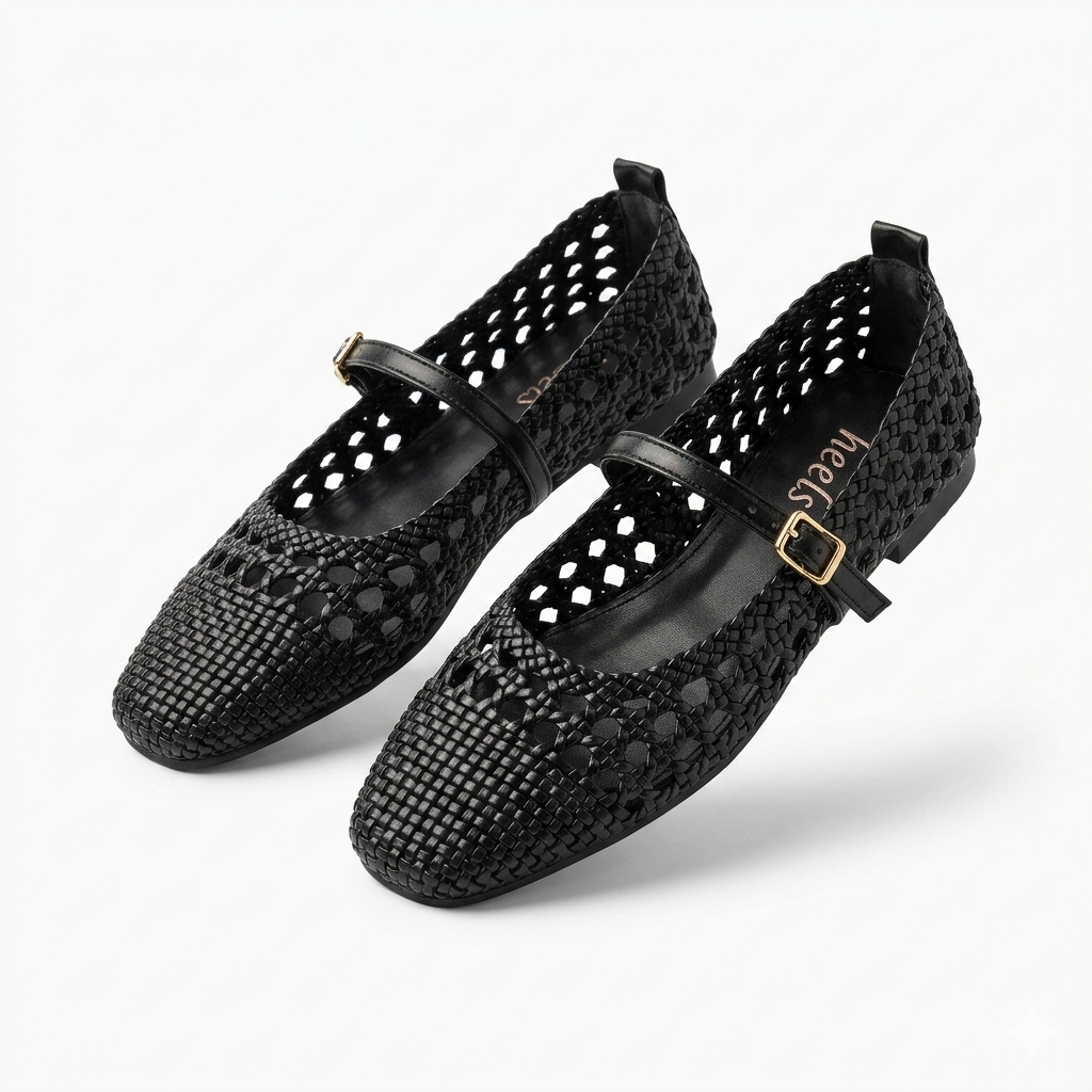 Meraki 2.0 Mesh Flat Mary Jane Leather Ballerinas Black - The Heels India