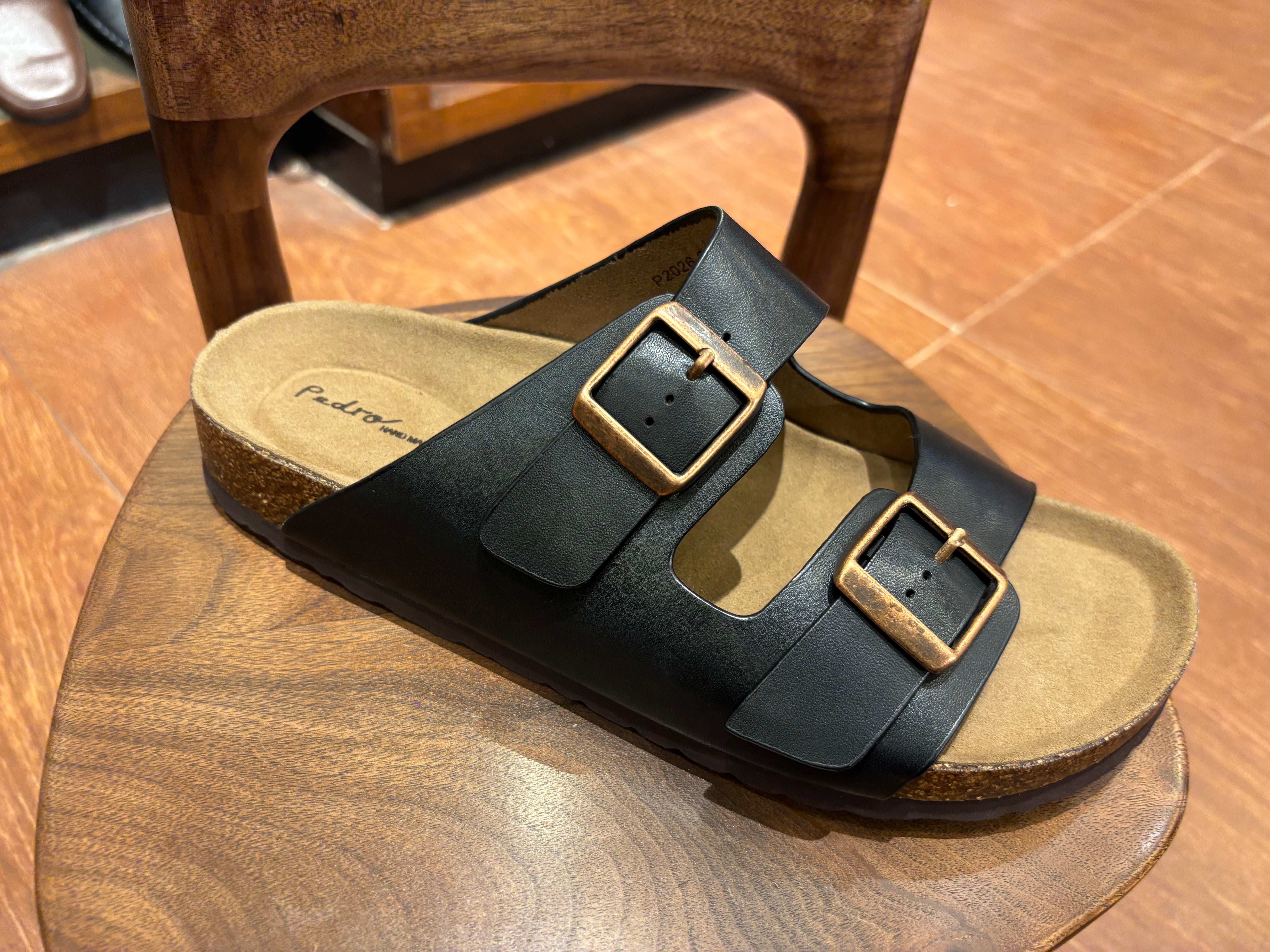 Moda Black Leather Cork Sliders - Pair Shot