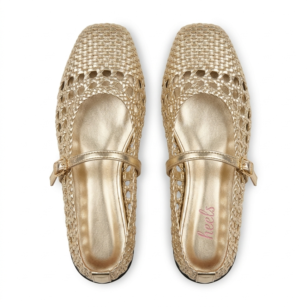 Meraki 2.0 Mesh Flat Mary Jane Leather Ballerinas Gold - The Heels India