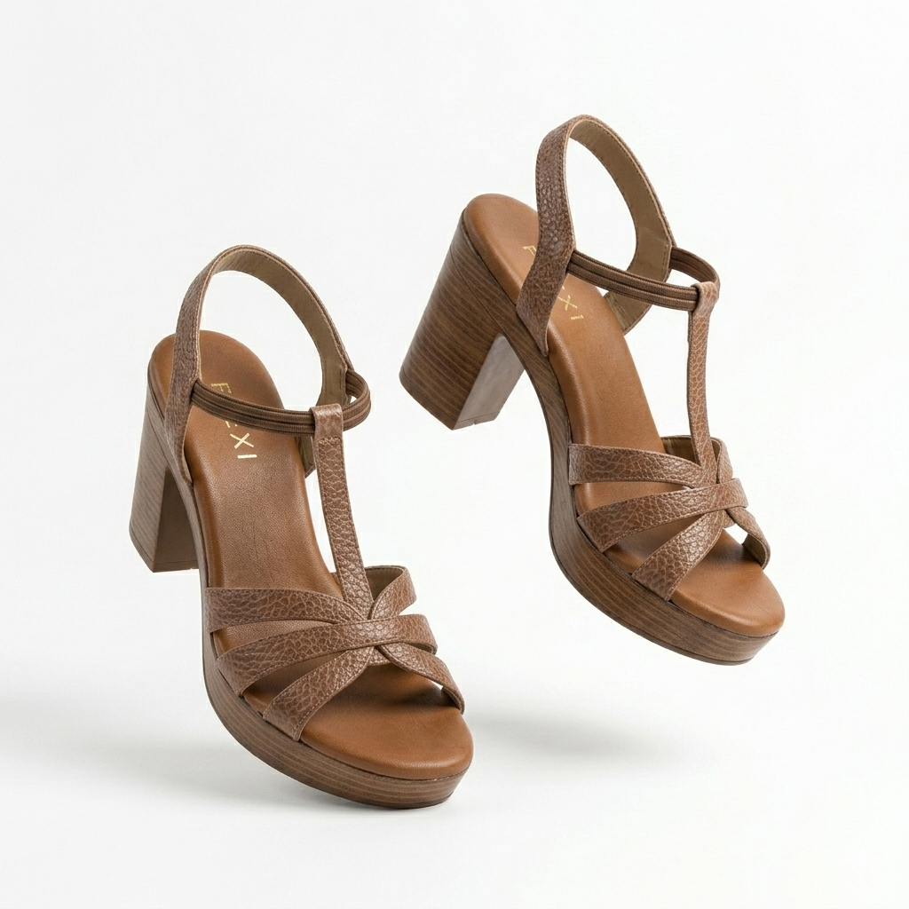Snake Texture T-Strap Platform Block Heel Sandal – Brown