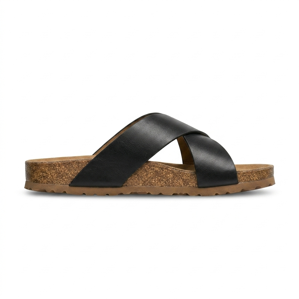 Edward Premium Leather Cross Cork Slippers Black - Front View