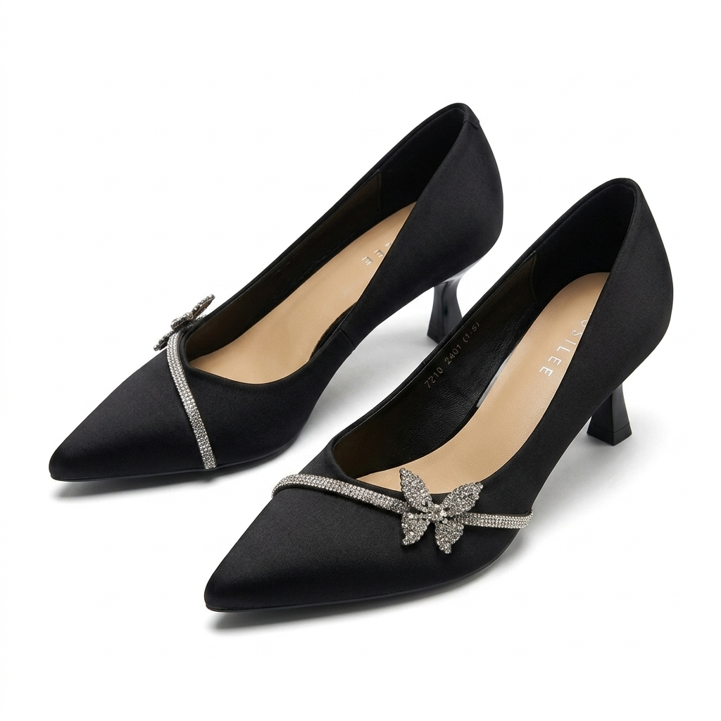 Pointed Toe Kitten Heel Pump with Crystal Butterfly