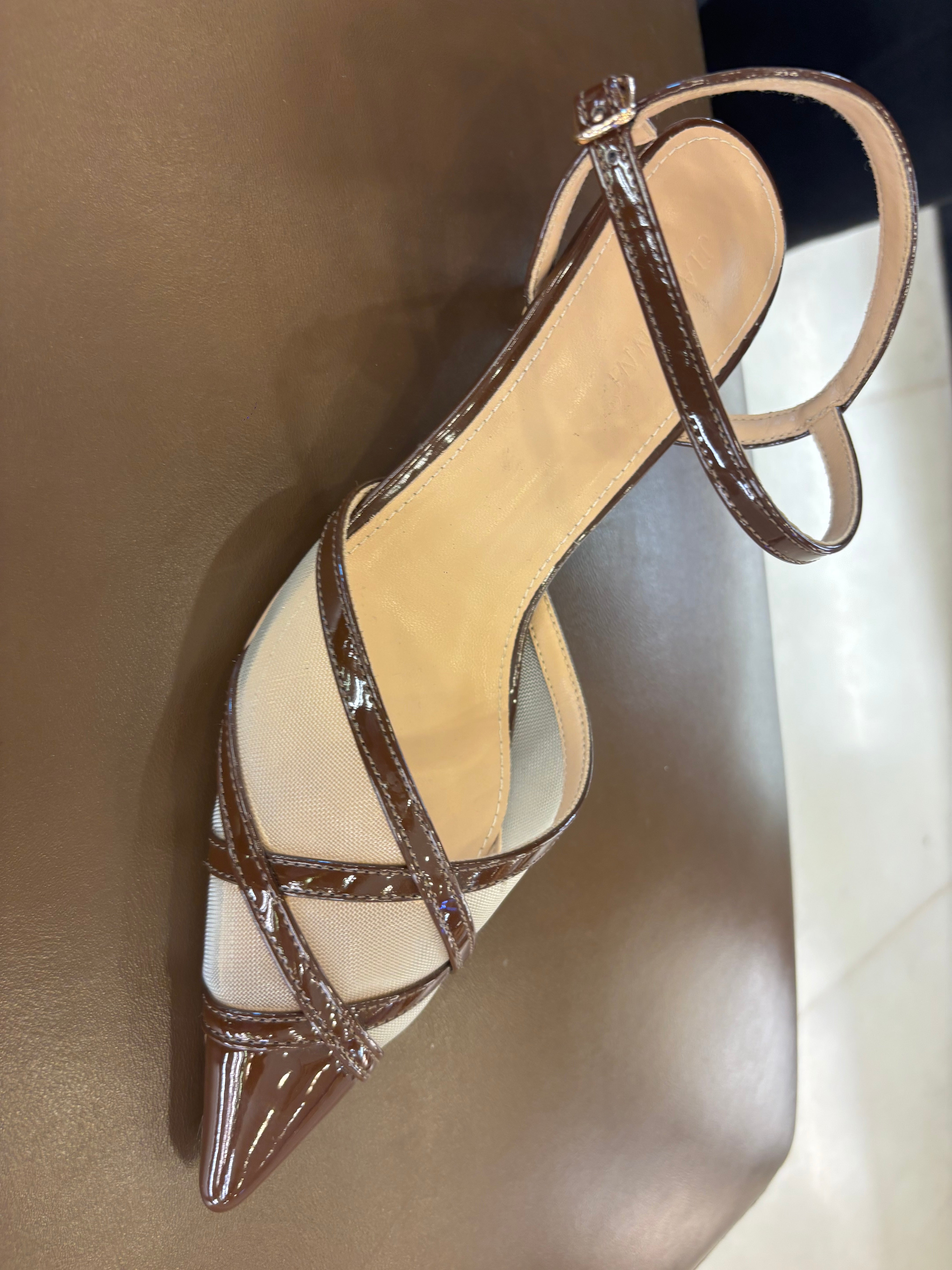 Emrata Criss Cross Mesh Patent Kitten Heels