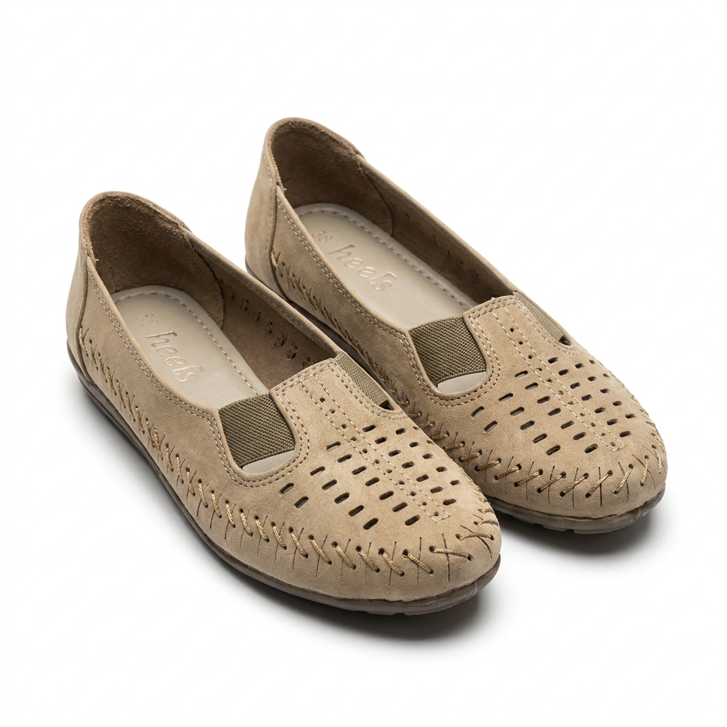 Paulina Nubuk Perforated Leather Ballerinas in Chikoo - The Heels India