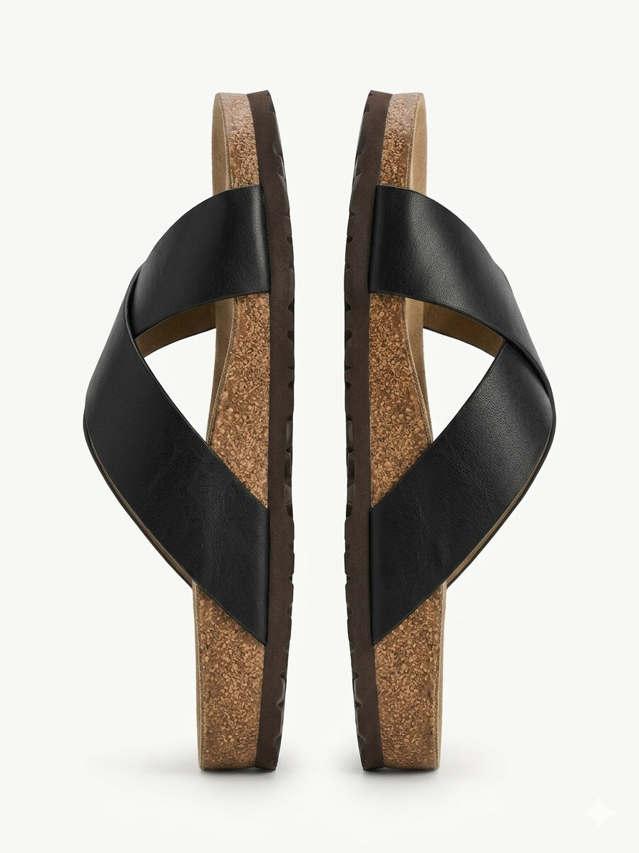Edward Black Leather Cork Slippers - Cross Strap Detail