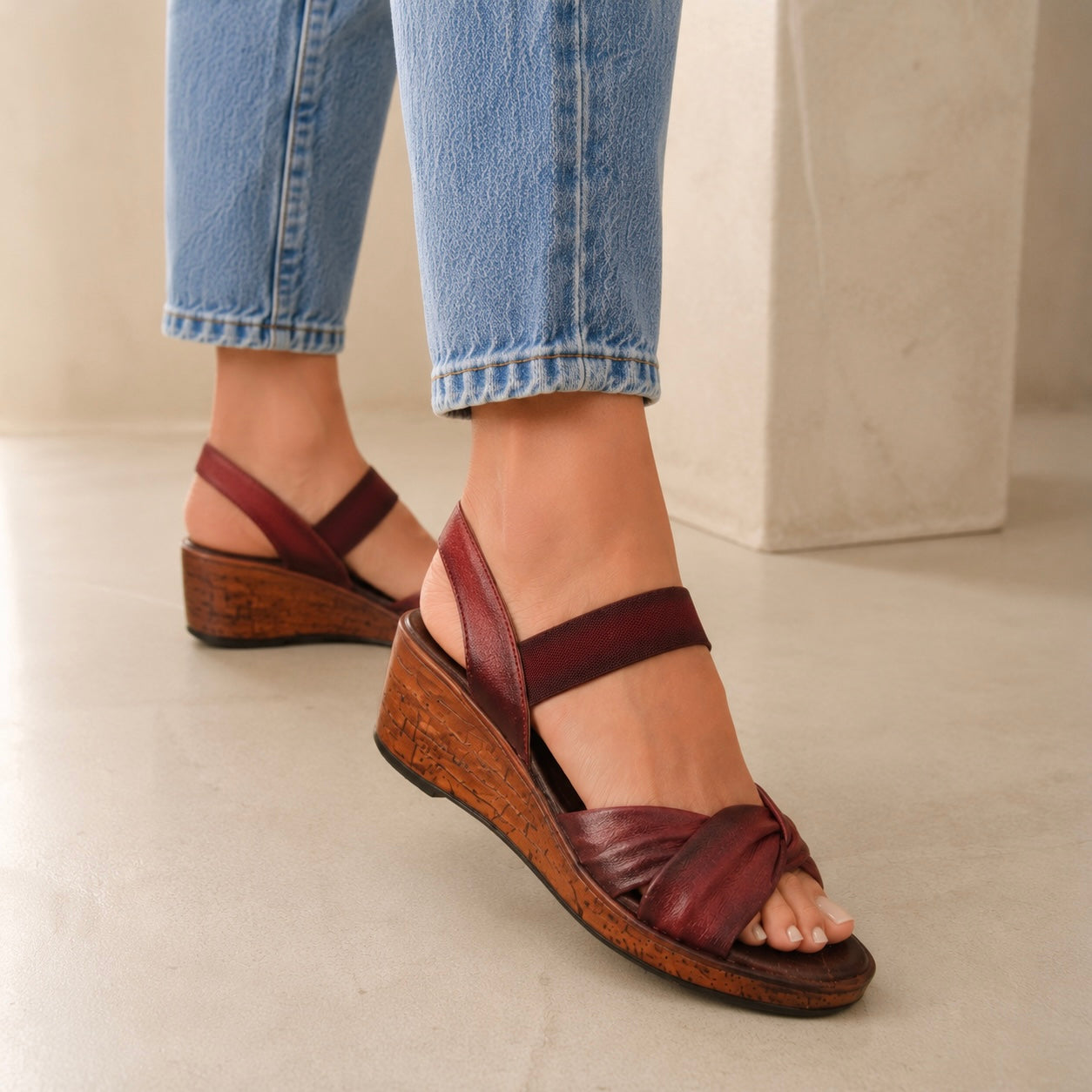 Renard Leather Soft Napa Cross Wedge Heel Sandals