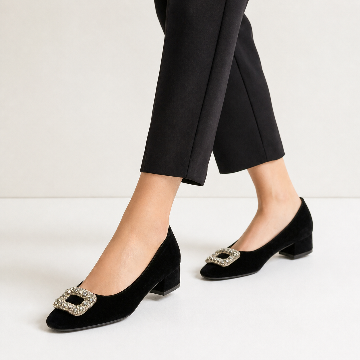 Eilish Velvet Block Heel Bling Pumps