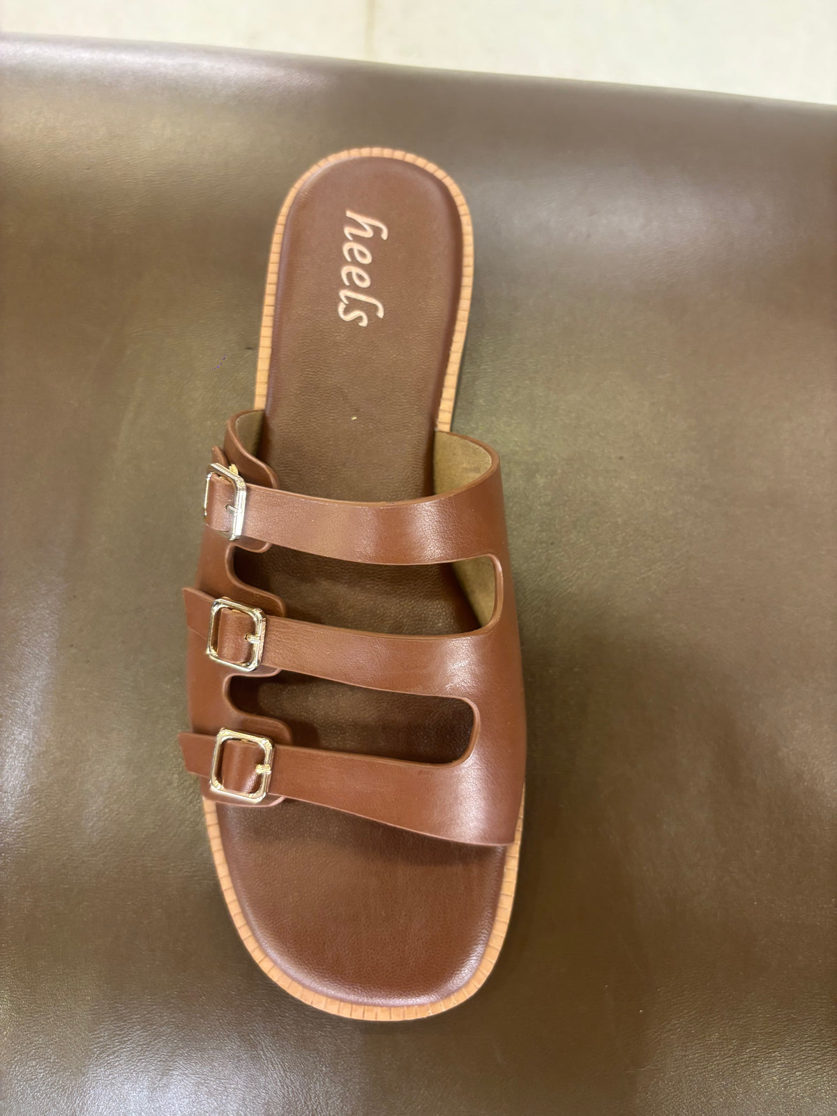 Zeeba Triple Buckle Cushioned Sliders in Tan - The Heels India