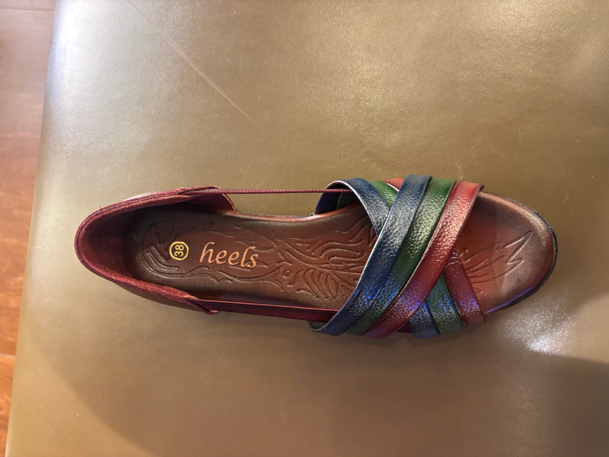 Georgia Rainbow Leather Crisscross Sandals in Maroon - The Heels India