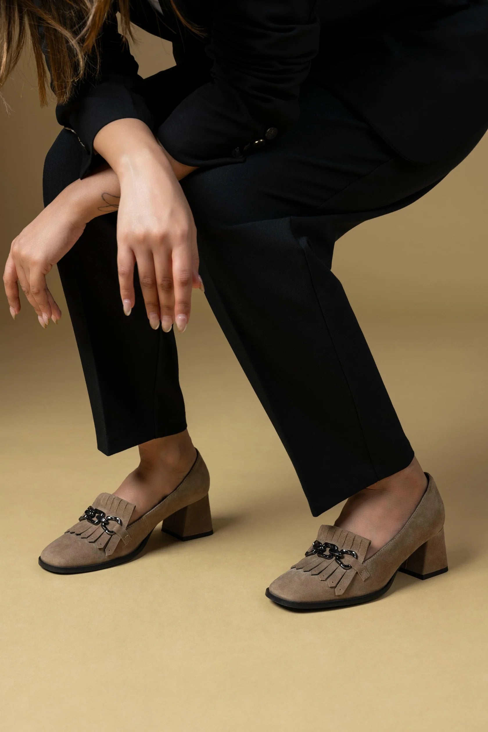 LUXE Premium Suede Leather Block Heel Fringe Loafers - The Heels India