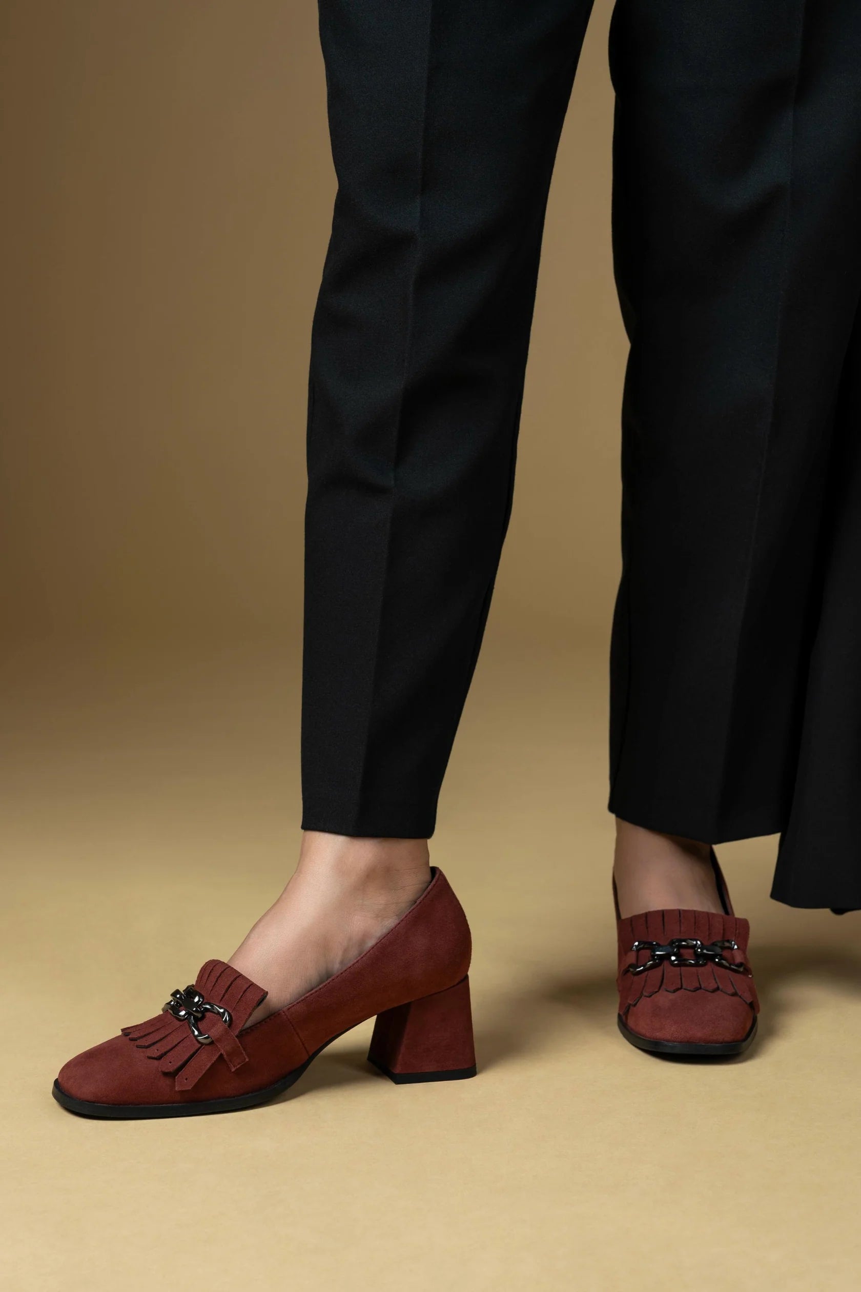 LUXE Premium Suede Leather Block Heel Fringe Loafers - The Heels India