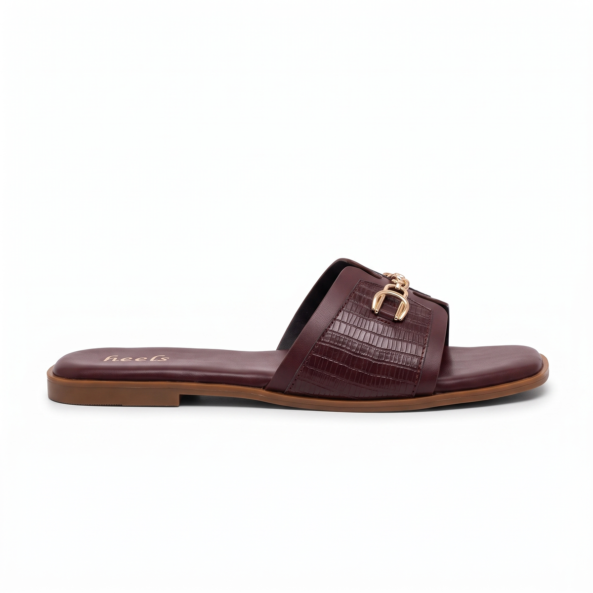 Julia Croco Chain Flat Summer Sliders in Wine - The Heels India