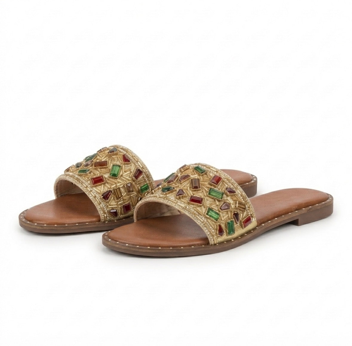 Noori Ethnic Bling Cushioned Slippers in Gold - The Heels India