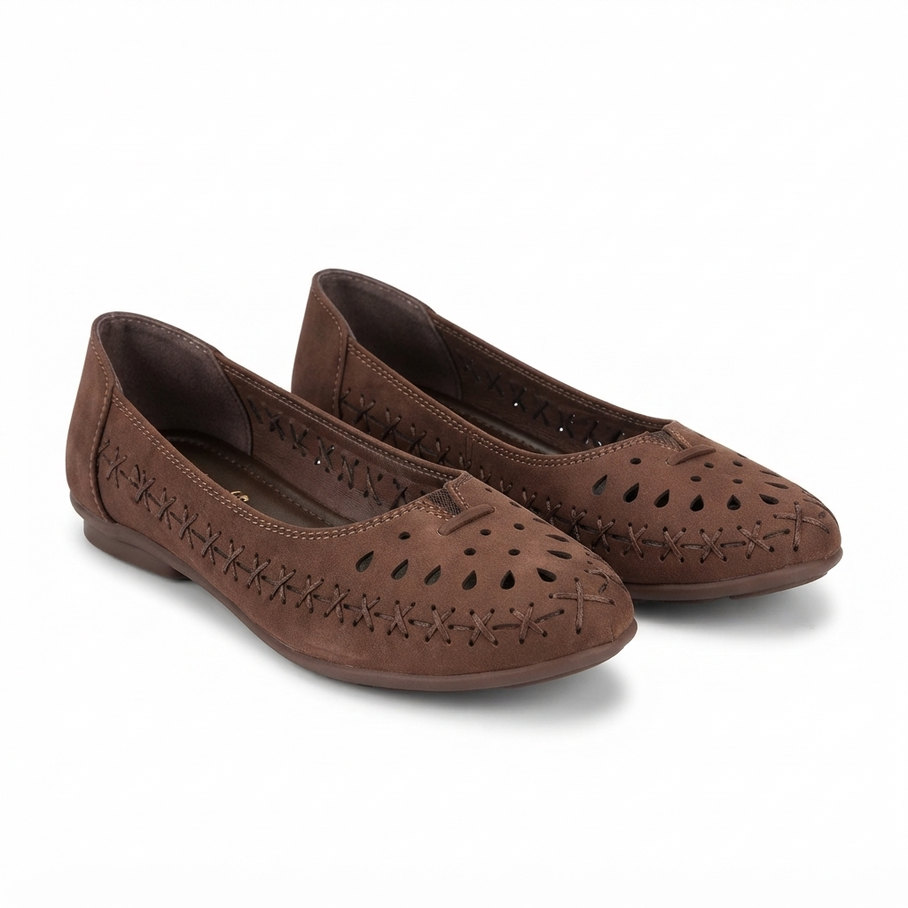 Lynda Nubuk Perforated Leather Ballerinas in Brown - The Heels India