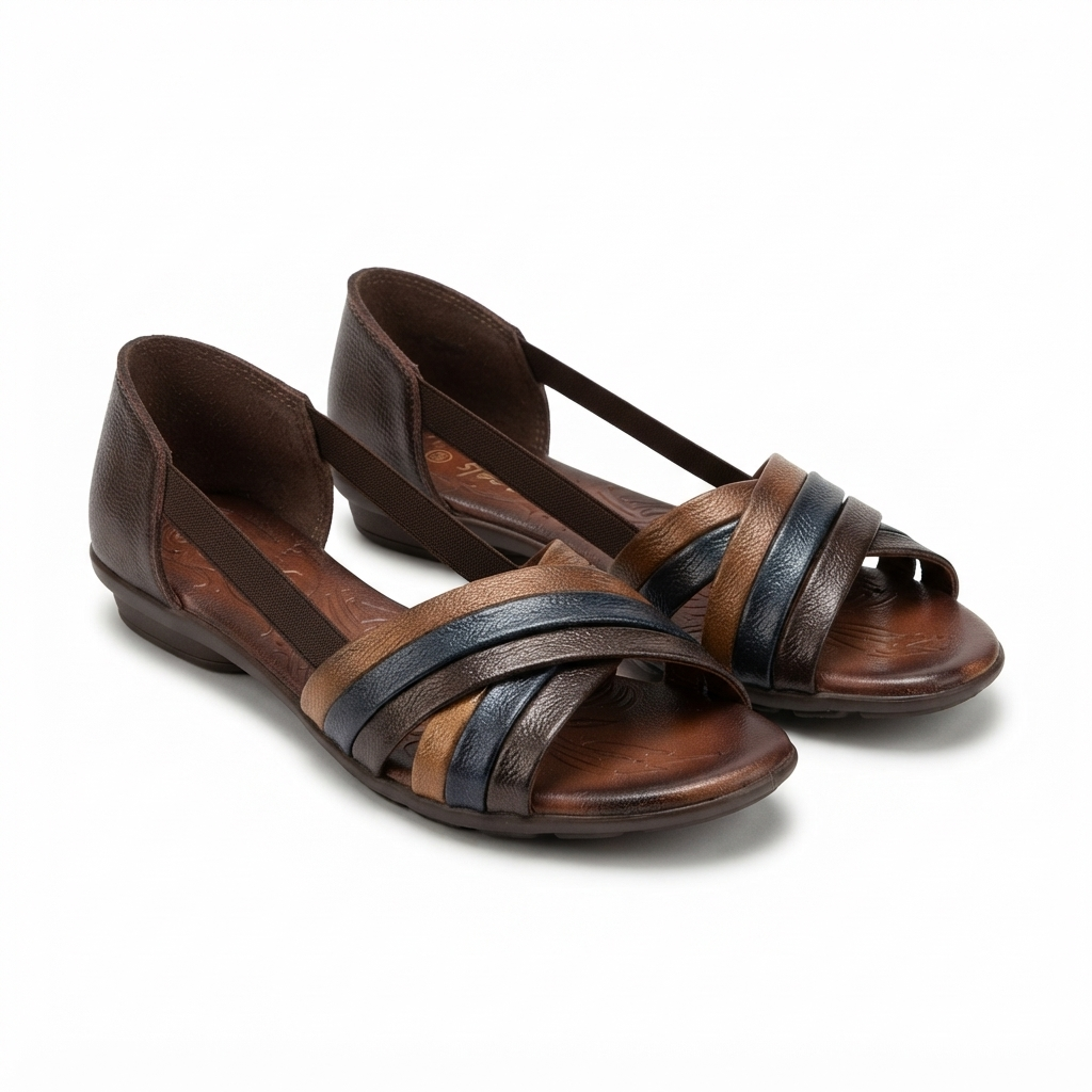 Georgia Rainbow Leather Crisscross Sandals in Brown - The Heels India