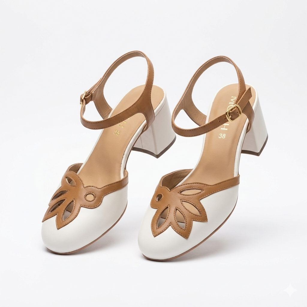 Iris Premium Leather Ankle Strap Contrast Block Heels