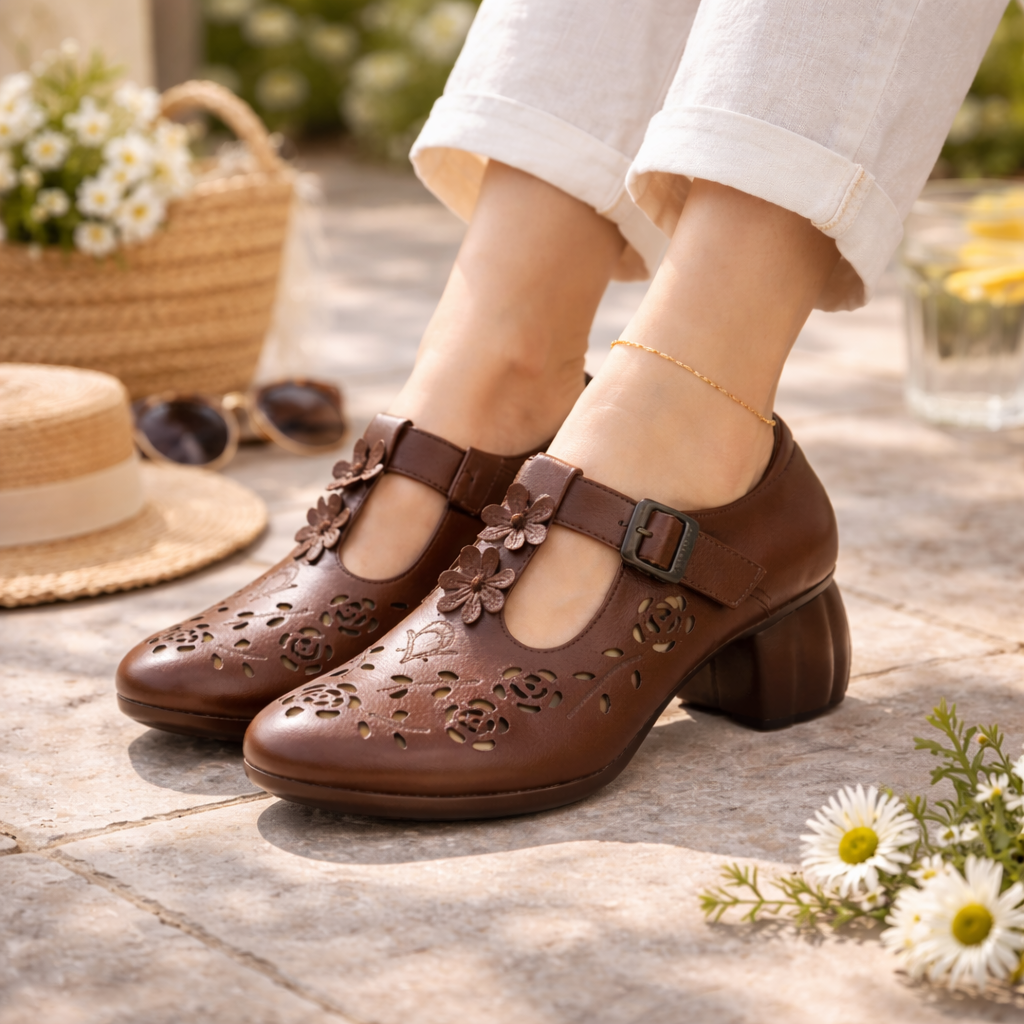 Bloom Premium Leather Perforated Ankle Strap Summer Sandals - The Heels India