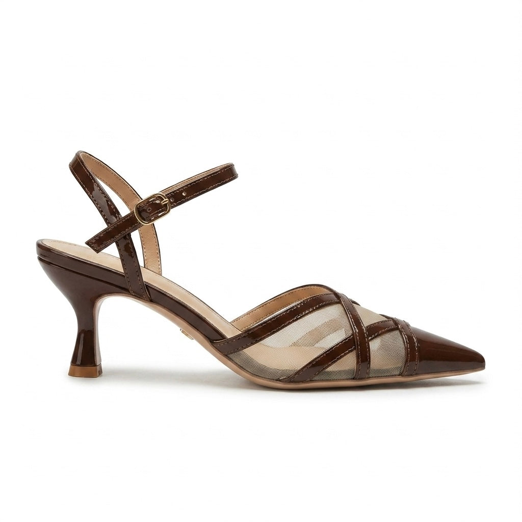 Emrata Criss Cross Mesh Patent Kitten Heels