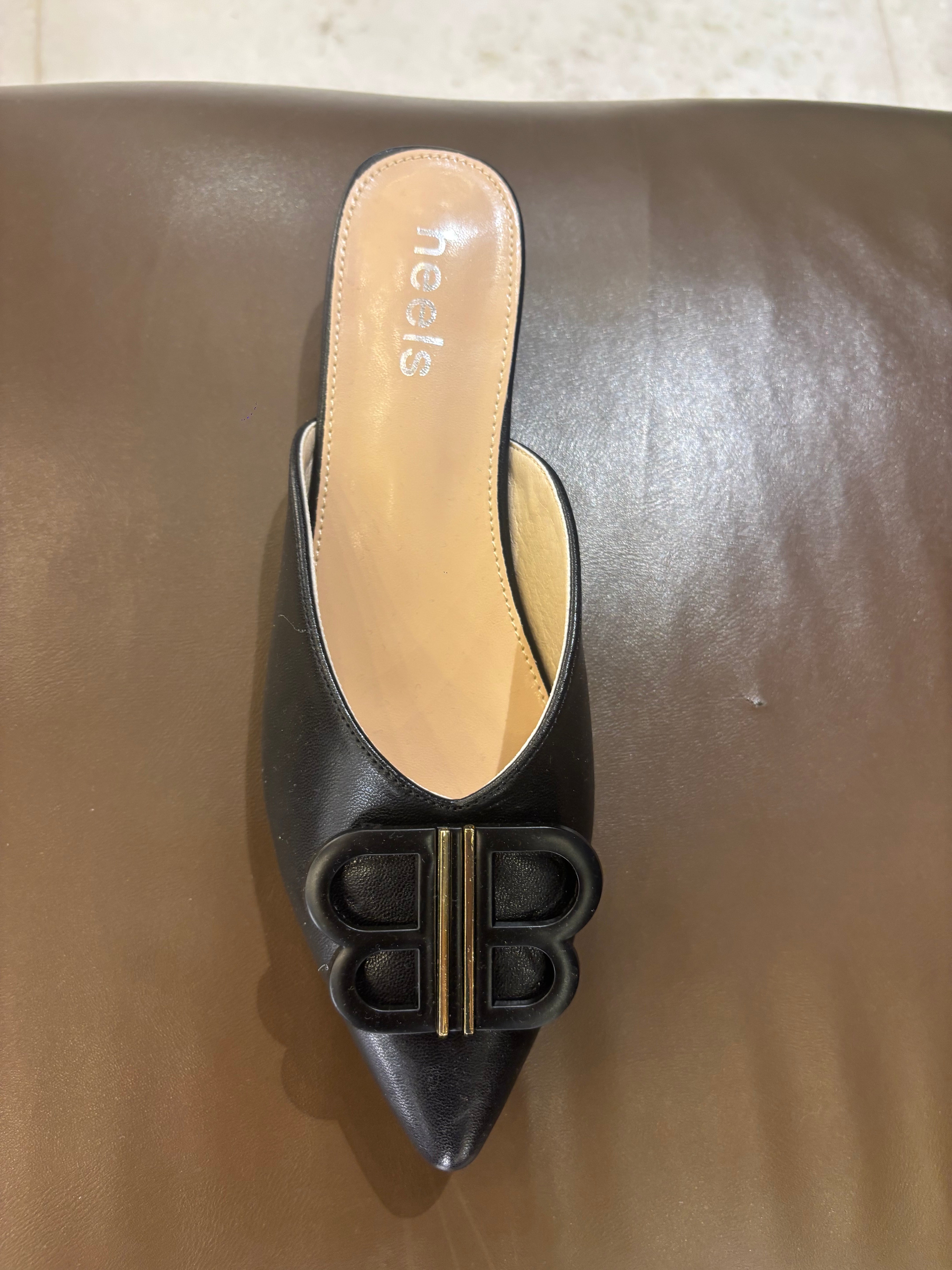 Linda Mid Heel Cushioned Back Open Pointed Mules