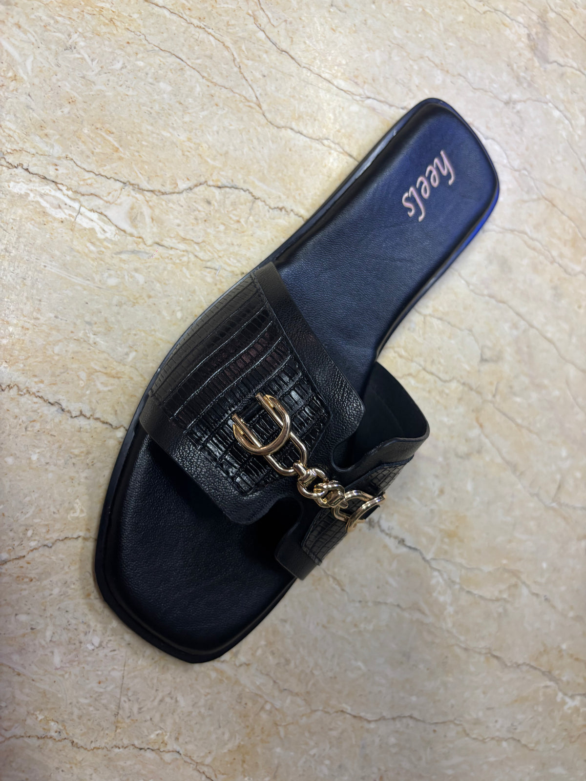 Julia Croco Chain Flat Summer Sliders in Black - The Heels India