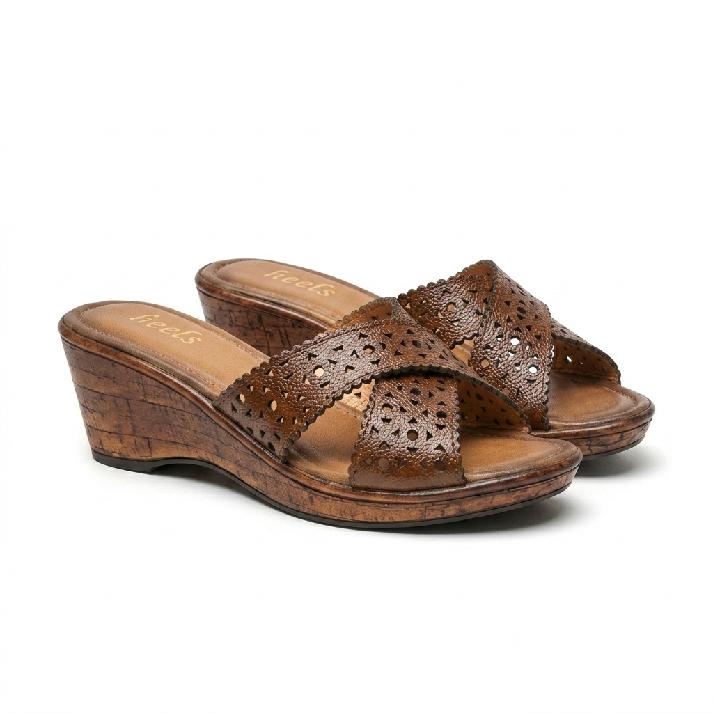 Valencia Laser Cut Perforated Leather Wedge Heel Cross Slippers