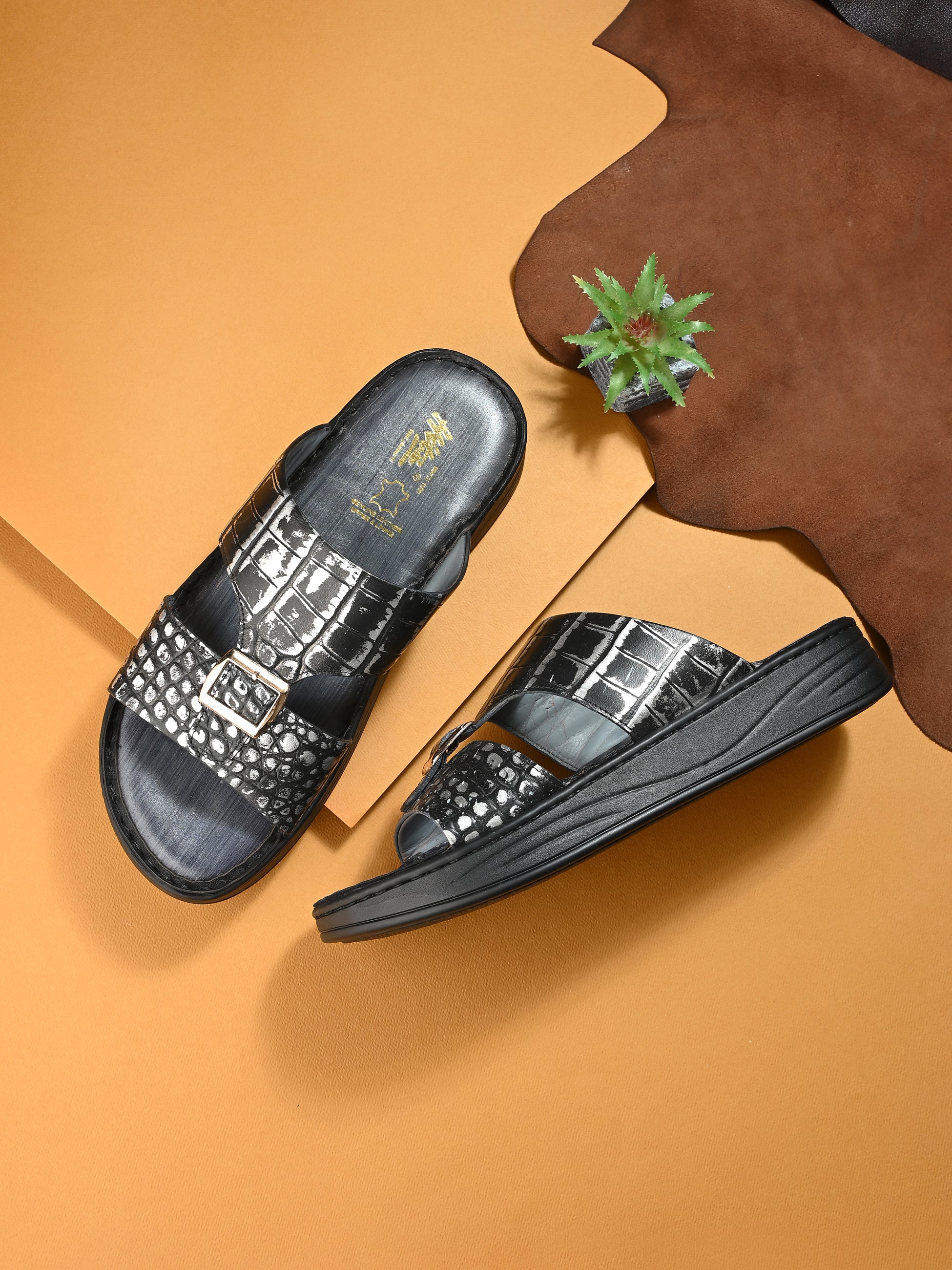 Levano Premium Metallic Grey Leather Slippers