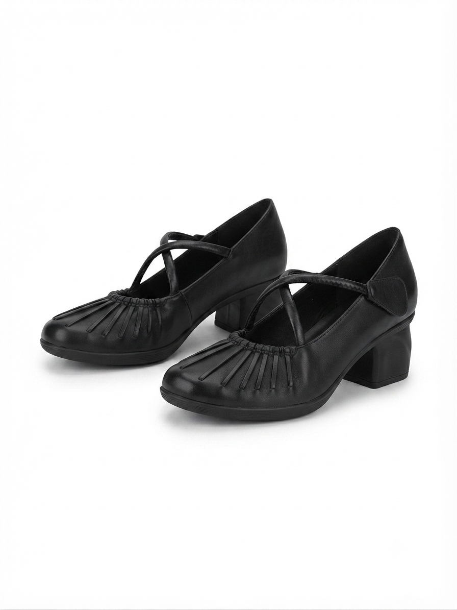 Rihanna Premium Leather Velcro Strap Block Heels