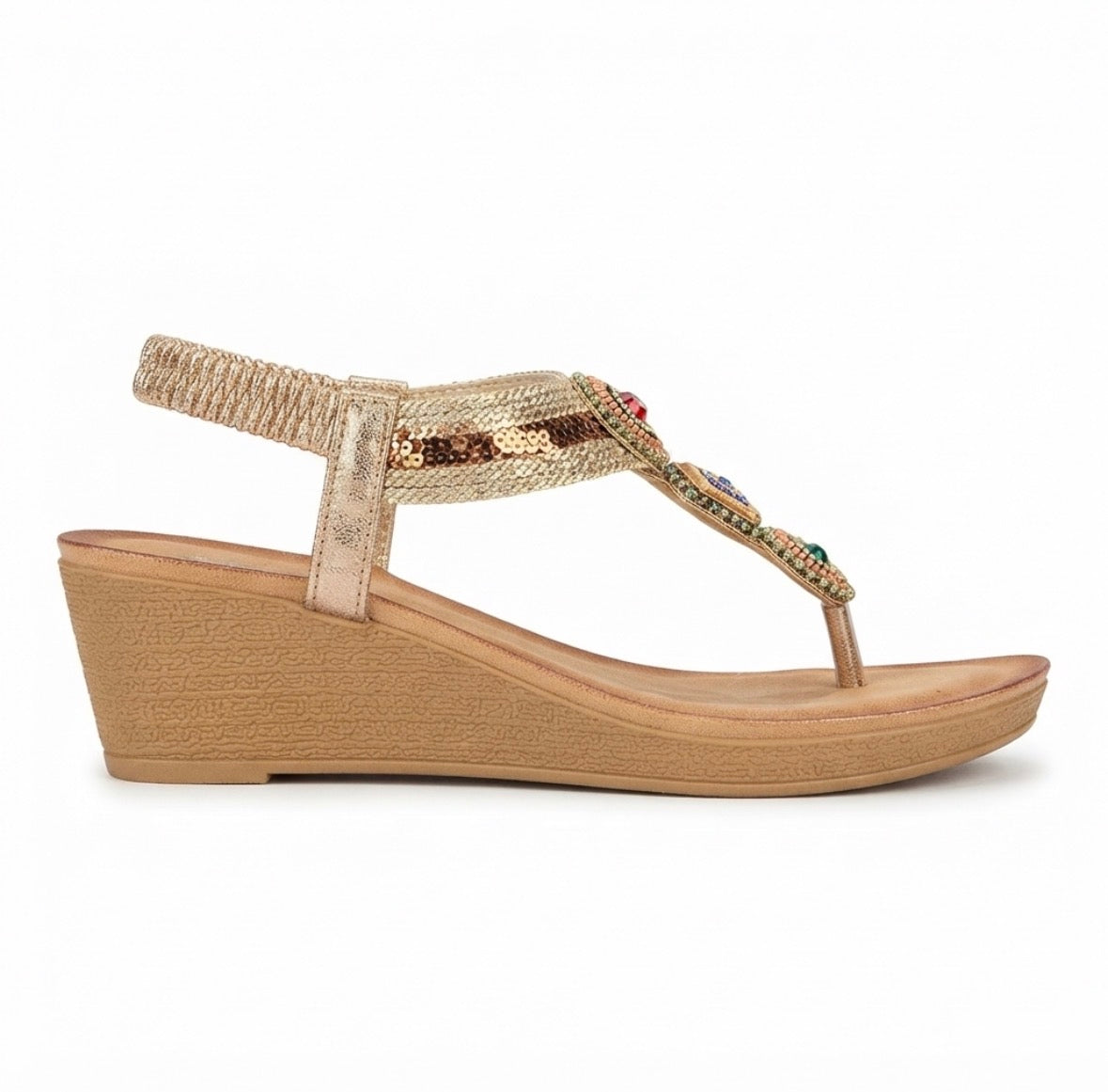 Cynthia Multy Beads Wedge Back Elastic Crochet Sandals in Champagne - The Heels India