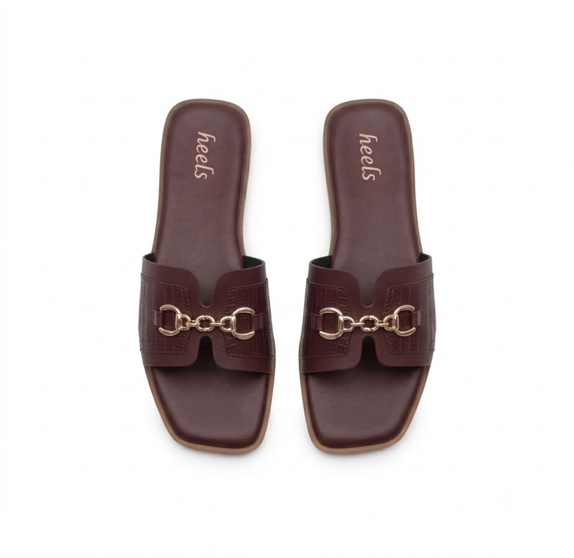 Julia Croco Chain Flat Summer Sliders in Wine - The Heels India