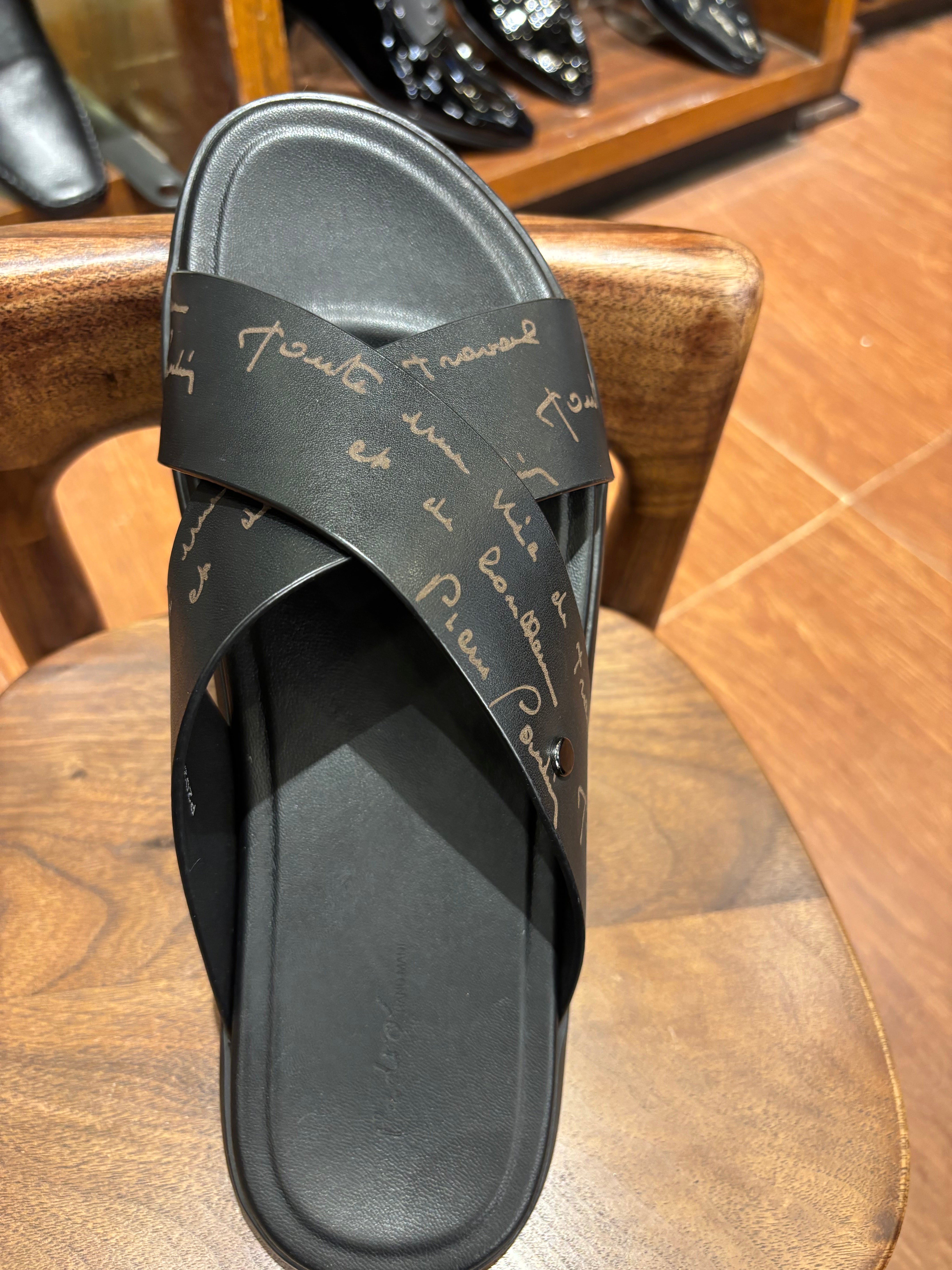 Lucas Premium Engraved Leather Double Strap Cross Slippers