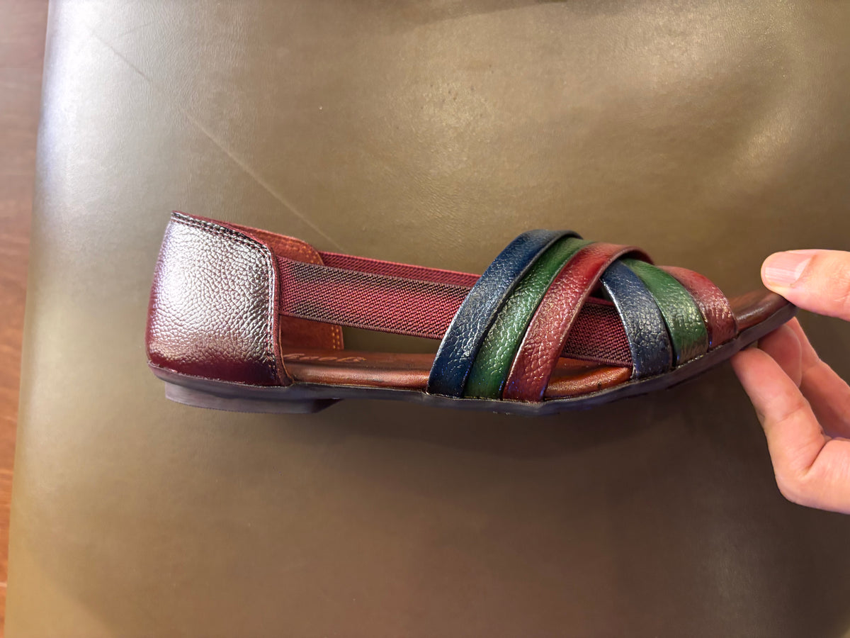 Georgia Rainbow Leather Crisscross Sandals in Maroon - The Heels India