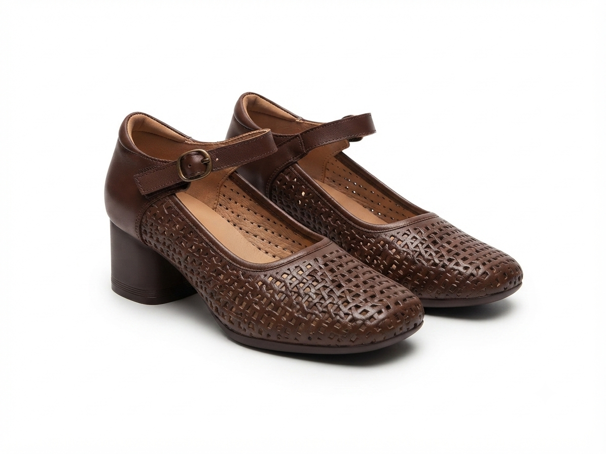 Reya Premium Leather Perforated Ankle Strap Block Heel Sandals