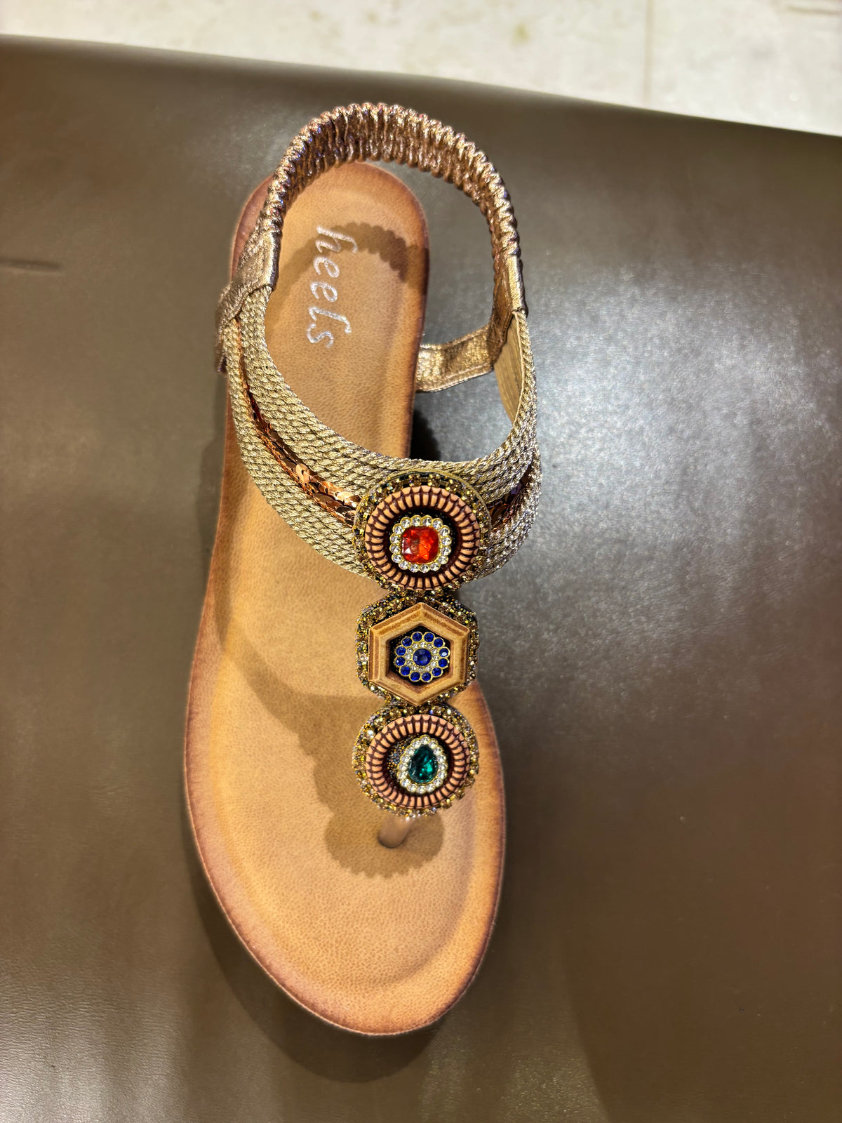 Cynthia Multy Beads Wedge Back Elastic Crochet Sandals in Champagne - The Heels India