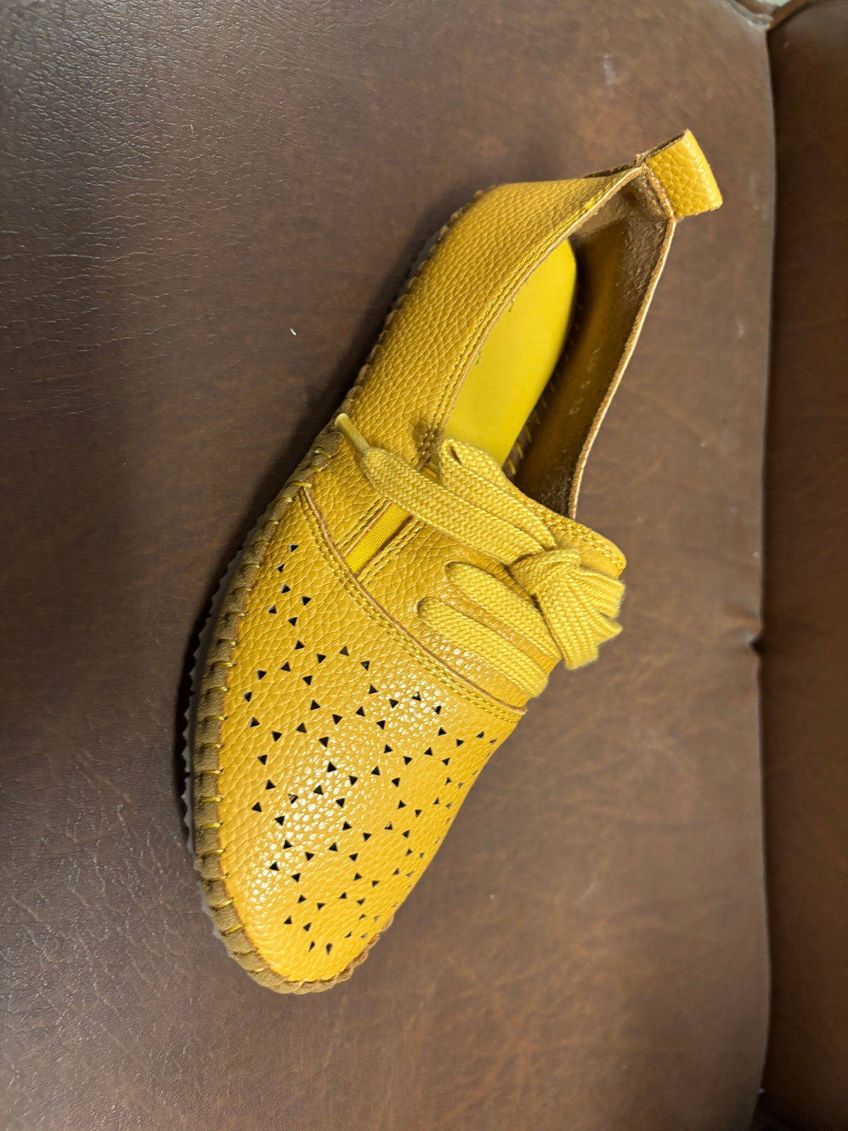 Iris Perforated Cushioned Lace Up Espadrille Loafers in Yellow - The Heels India